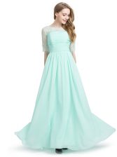 Shining Floor Length Turquoise Homecoming Dress Scoop Half Sleeves Lace Up