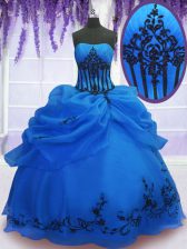  Blue Lace Up Strapless Embroidery Sweet 16 Dress Organza Sleeveless