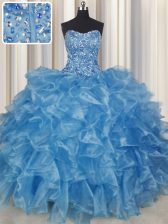 Visible Boning Strapless Sleeveless Quinceanera Dresses Floor Length Beading and Ruffles Baby Blue Organza