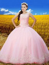  Baby Pink Ball Gowns Scoop Sleeveless Tulle Floor Length Lace Up Beading and Lace and Embroidery 15 Quinceanera Dress