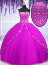 Custom Design Fuchsia Lace Up Sweetheart Beading Quinceanera Gown Tulle Sleeveless