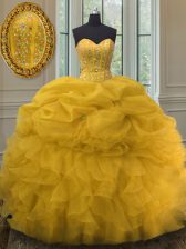 Classical Gold Ball Gowns Organza Sweetheart Sleeveless Beading and Ruffles and Pick Ups Floor Length Lace Up 15 Quinceanera Dress