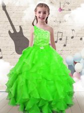  One Shoulder Lace Up Kids Pageant Dress Beading and Ruffles Sleeveless Floor Length
