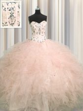  Visible Boning Sweetheart Sleeveless Quinceanera Gown Floor Length Beading and Appliques and Ruffles Pink Tulle