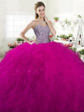 Fuchsia Lace Up 15 Quinceanera Dress Beading and Ruffles Sleeveless Floor Length