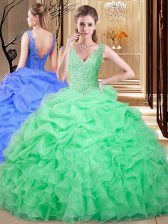  Backless V-neck Sleeveless Quinceanera Gowns Floor Length Lace and Appliques and Pick Ups Apple Green Organza