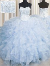  Scalloped Sleeveless Organza Floor Length Lace Up Quinceanera Dresses in Light Blue with Ruffles