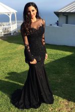  Mermaid Scoop Long Sleeves Beading and Lace Zipper Prom Evening Gown with Black Sweep Train