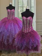  Three Piece Tulle Sweetheart Sleeveless Lace Up Beading Ball Gown Prom Dress in Multi-color