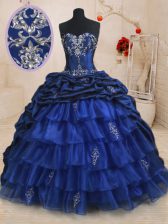  Sleeveless With Train Beading and Ruffled Layers and Pick Ups Lace Up Sweet 16 Dress with Royal Blue Brush Train