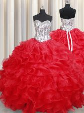  Red Sweet 16 Dresses Military Ball and Sweet 16 and Quinceanera with Beading and Ruffles Sweetheart Sleeveless Lace Up