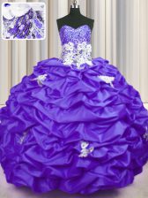 Romantic Sleeveless With Train Appliques and Sequins and Pick Ups Lace Up 15 Quinceanera Dress with Purple Brush Train