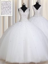  Straps Sleeveless Floor Length Beading and Sequins Zipper Quinceanera Dresses with White