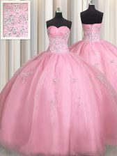 Admirable Beading and Appliques Sweet 16 Dresses Rose Pink Zipper Sleeveless Floor Length