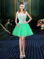 Modest Turquoise Organza Zipper Scoop Sleeveless Mini Length Dress for Prom Lace