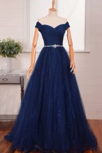 Extravagant Navy Blue A-line Organza Off The Shoulder Sleeveless Belt With Train Zipper Prom Party Dress Brush Train