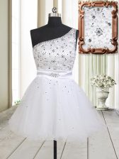  One Shoulder White A-line Beading Prom Dress Zipper Tulle Sleeveless Mini Length