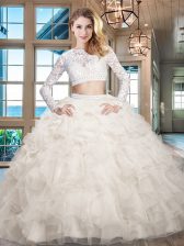  Organza Scoop Long Sleeves Zipper Beading and Lace and Ruffles Quince Ball Gowns in White