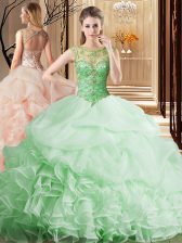  Scoop Sleeveless Beading and Ruffles and Pick Ups Lace Up Vestidos de Quinceanera with Apple Green Brush Train