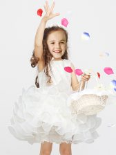 Custom Designed Scoop White Zipper Flower Girl Dresses for Less Lace and Ruffles Sleeveless Mini Length