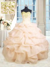  Peach Lace Up Quinceanera Dress Beading and Ruffles Sleeveless Floor Length