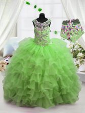 Custom Design Scoop Floor Length Lace Up Little Girls Pageant Dress for Party and Wedding Party with Beading and Ruffled Layers