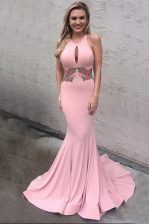 Inexpensive Mermaid Elastic Woven Satin Scoop Sleeveless Brush Train Criss Cross Appliques Evening Dress in Pink