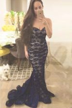 Gorgeous Mermaid With Train Navy Blue Evening Dress Lace Sweep Train Sleeveless Lace