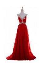  Zipper Prom Evening Gown Red for Prom and Party with Beading and Belt Brush Train