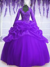 Simple Purple Organza Zipper Quince Ball Gowns Long Sleeves Floor Length Sequins and Pick Ups