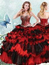  Red And Black Sleeveless Beading and Ruffled Layers and Sequins Floor Length Quince Ball Gowns