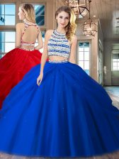  Tulle Scoop Sleeveless Backless Beading and Pick Ups 15th Birthday Dress in Royal Blue