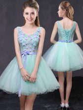  Apple Green Prom and Party with Lace and Hand Made Flower Scoop Sleeveless Lace Up