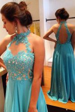 Dazzling Chiffon Scoop Sleeveless Sweep Train Backless Beading and Appliques Dress for Prom in Blue