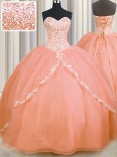 Modest Brush Train Peach Sweetheart Neckline Beading and Appliques Sweet 16 Quinceanera Dress Sleeveless Lace Up