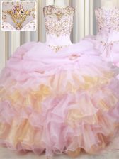  Scoop With Train Pink Quinceanera Gown Organza Court Train Sleeveless Beading and Ruffles and Pick Ups