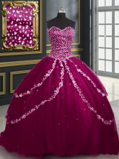 Sweetheart Sleeveless Brush Train Lace Up 15 Quinceanera Dress Burgundy and Fuchsia Tulle