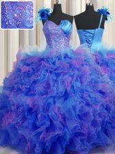  Handcrafted Flower Multi-color Ball Gowns Tulle One Shoulder Sleeveless Beading and Ruffles and Hand Made Flower Floor Length Lace Up Quinceanera Gown