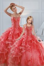 Lovely Coral Red Sweetheart Neckline Beading and Ruffled Layers Quince Ball Gowns Sleeveless Lace Up