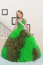 Custom Design Ball Gowns Kids Formal Wear Apple Green and Chocolate Halter Top Fabric With Rolling Flowers Sleeveless Floor Length Lace Up