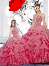 Custom Design Rose Pink Ball Gowns Straps Sleeveless Organza Floor Length Lace Up Beading and Ruffles and Pick Ups 15th Birthday Dress