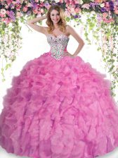  Rose Pink Sweet 16 Dresses Military Ball and Sweet 16 and Quinceanera with Beading and Ruffles Sweetheart Sleeveless Lace Up
