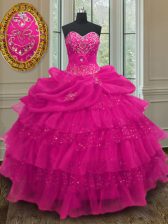  Floor Length Lace Up Quinceanera Gown Fuchsia for Military Ball and Sweet 16 and Quinceanera with Beading and Ruffled Layers and Sequins and Pick Ups