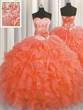 Trendy Handcrafted Flower Red Quince Ball Gowns Military Ball and Sweet 16 and Quinceanera with Beading and Ruffles and Hand Made Flower Sweetheart Sleeveless Lace Up