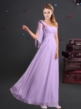 Best Selling One Shoulder Lavender Chiffon Zipper Quinceanera Dama Dress Sleeveless Floor Length Ruching