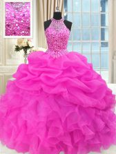 Fantastic Sleeveless Organza Floor Length Lace Up 15 Quinceanera Dress in Hot Pink with Beading and Pick Ups