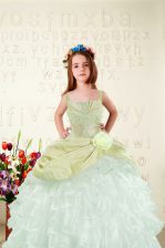 Custom Designed Sleeveless Organza Floor Length Lace Up Child Pageant Dress in Yellow Green with Beading and Ruffled Layers
