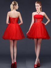 Custom Design Strapless Sleeveless Lace Up Quinceanera Court of Honor Dress Red Organza
