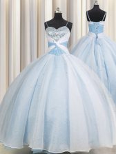 Custom Fit Spaghetti Straps Sleeveless Organza Quince Ball Gowns Beading and Ruching Lace Up