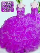 Deluxe Sleeveless Organza Floor Length Lace Up Sweet 16 Dresses in Fuchsia with Beading and Ruffles